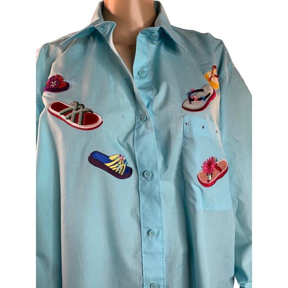 Las Olas Women's Large Shirt Embroidered Flip Flops Studded Detail Button Down - Picture 2 of 11